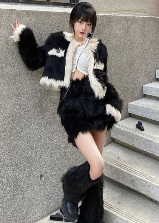 Stylish Black O-neck Coats and Skirts Mink Velvet Two Pieces Set Winter