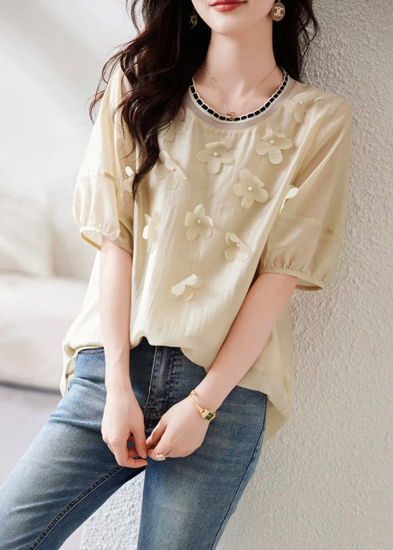 Khaki Patchwork Chiffon Summer Shirts O-neck