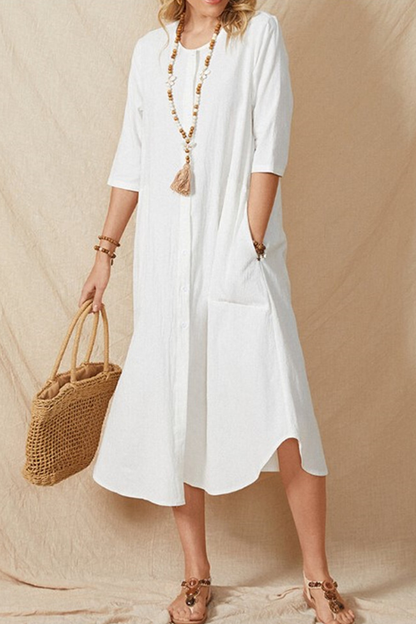 Pocket Buckle O Neck a Line Dresses