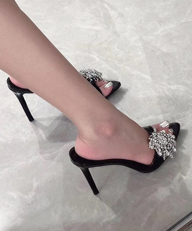 Black Stiletto Faux Leather Slide Sandals Zircon