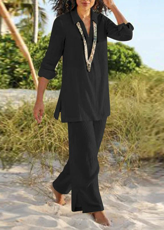Natural Khaki Peter Pan Collar Shirt and Wide Leg Pants Two Pieces Set Fall