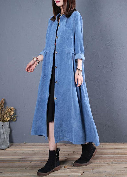 Corduroy Blended Light Blue O Neck Pockets Coat for Woman