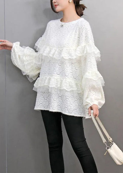 Natural Pink O-neck Ruffled Lace Patchwork Tops Lantern Sleeve