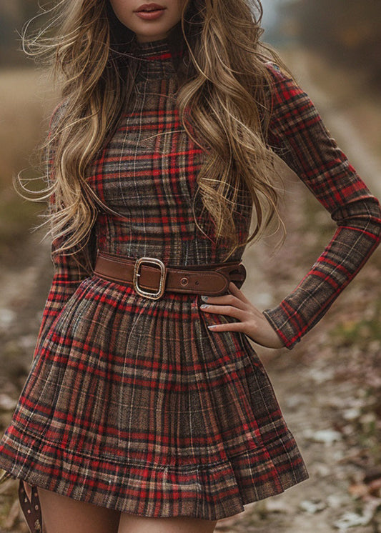 Red Hign Neck Plaid Cotton Mini Dress Spring