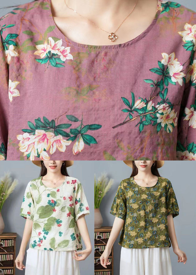 Green O Neck Print Patchwork Cotton T Shirt Top Summer