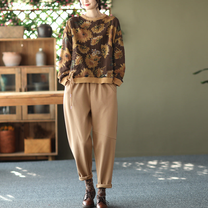 Large Size Slim Round Neck Printed Retro Loose Sweater
