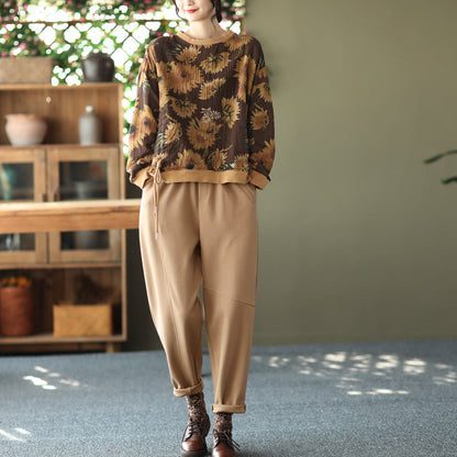 Large Size Slim Round Neck Printed Retro Loose Sweater
