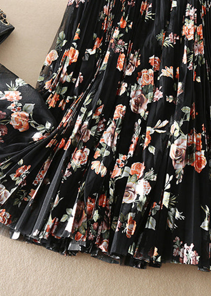 Diy Black Print Tulle Pleated Skirt Spring