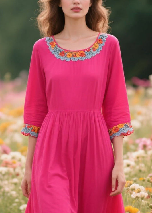 Rose O-neck Patchwork Lace Cotton Dresses Half Sleeve