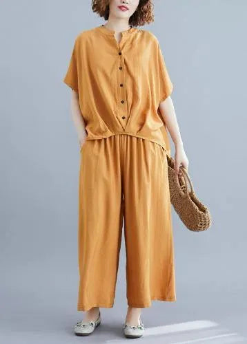 Yellow Cotton Linen Two-piece Irregular-breasted V-neck Pullover Shirt Nine Points Wide Leg Skirt Pants