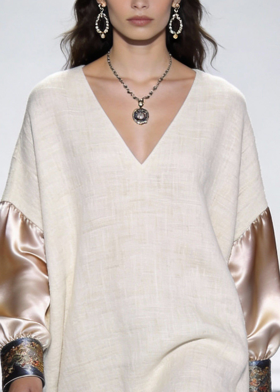 Beige Print Silk Patchwork Linen Mini Dress V Neck Spring