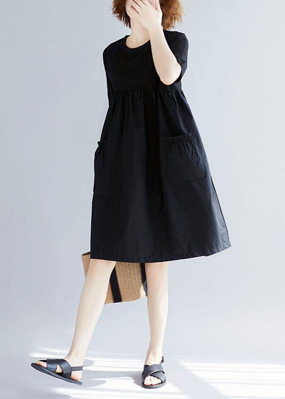 Black Cotton Blended O Neck Pockets Loose Summer Dresses