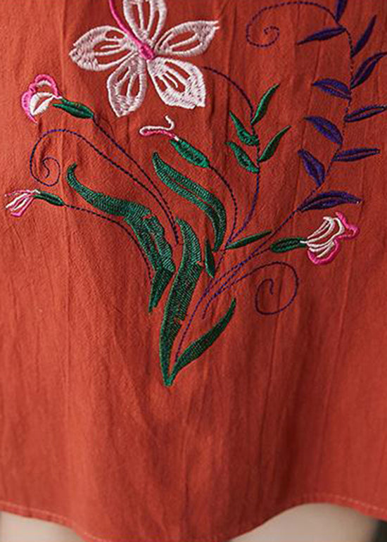 Orange O-neck Embroidered Pocket Linen Dresses Short Sleeve