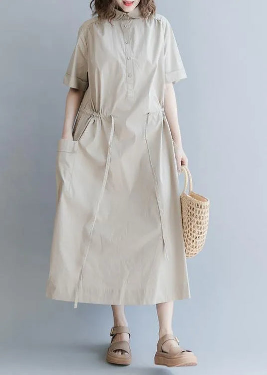 Drawstring Cotton Summer Clothes for Runway Khaki Long Dresses