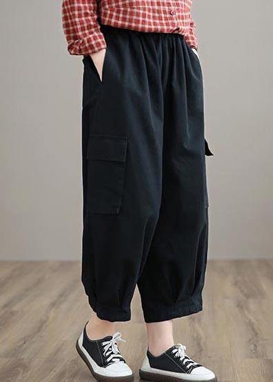 100% Spring Trousers Black Pattern Elastic Waist Pockets Wild Pants