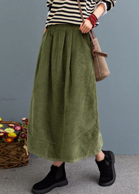Green High Waist Pockets Velour a Line Skirts Fall