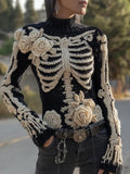 Comstylish Vintage Skeleton Roses Embroidered Cozy Knit Sweater