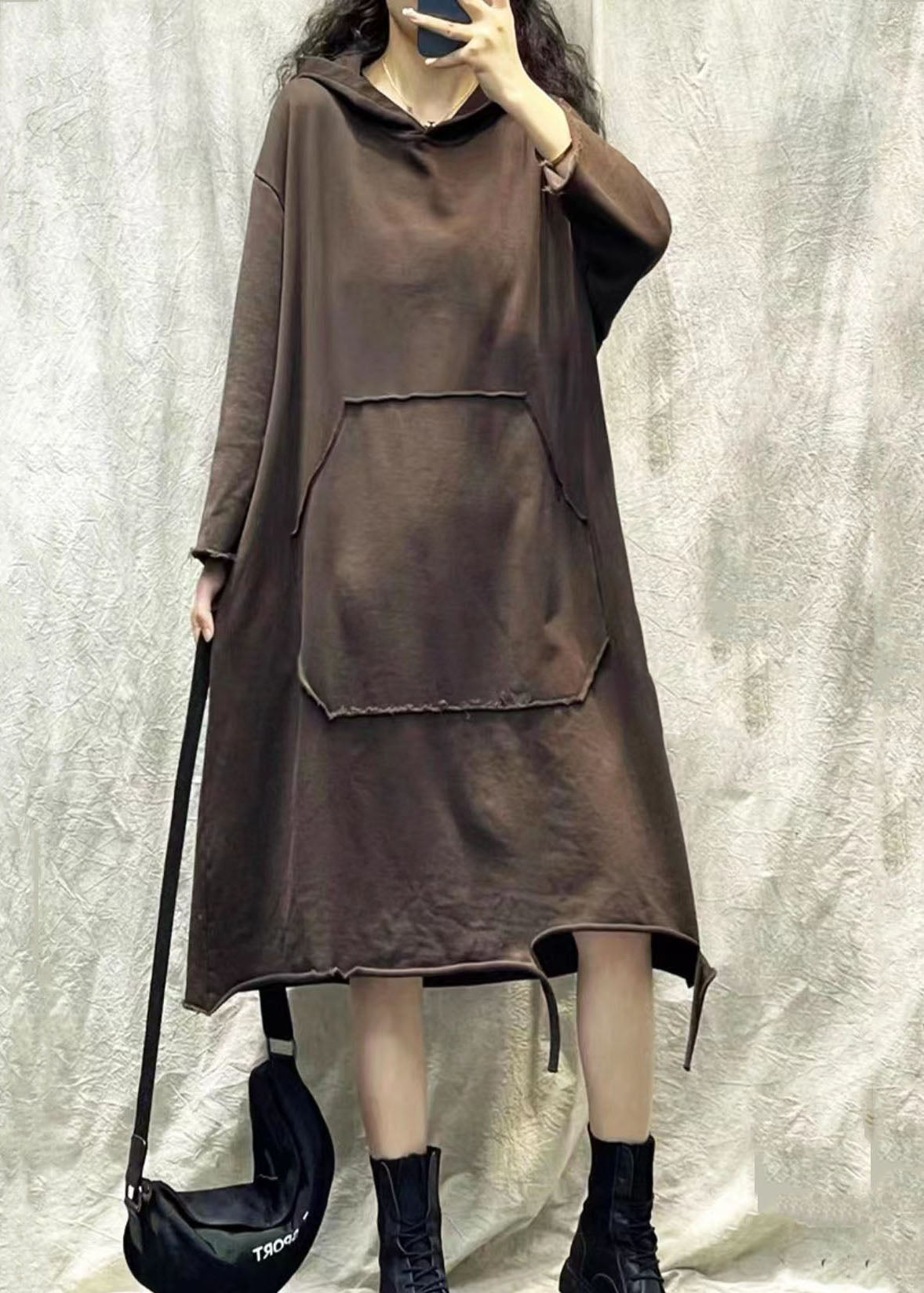 Coffee Hooded Ripped Patchwork Cotton Sweatshirts Dress Fall