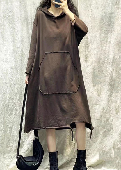 Coffee Hooded Ripped Patchwork Cotton Sweatshirts Dress Fall