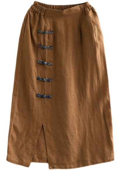 Brown Elastic Waist Side Open Linen Skirt Summer