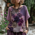 Vintage Purple Patchwork Rose Art Round Neck T-shirt elevenforest