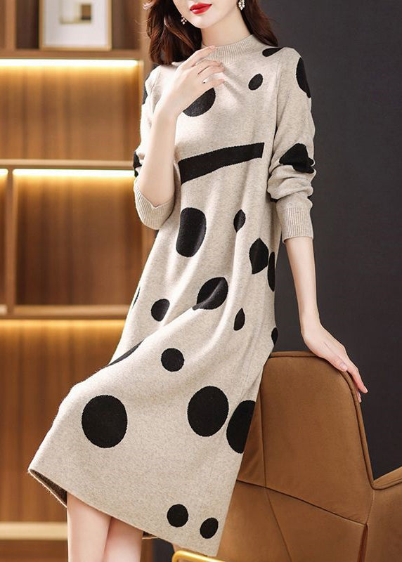 Beige Turtleneck Print Patchwork Knit Long Sweater Fall