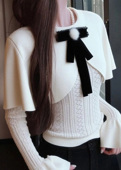 White Bow False Two Pieces Knit Cape Sweaters Winter