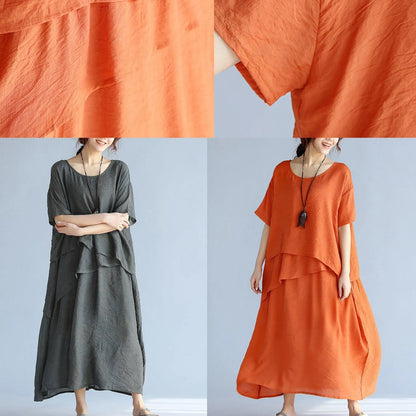 New Orange Long Linen Dresses Clothing Layered Cotton Dresses New Short Sleeve Linen Cotton Dress