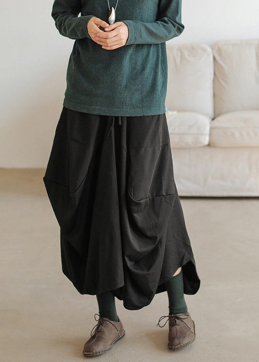 Black Cotton Asymmetric Dresses Elastic Waist Skirt