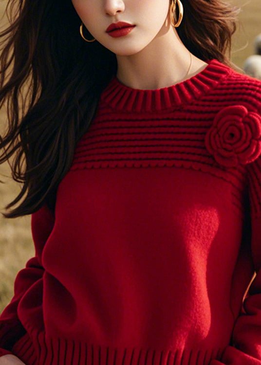 Handmade Red O Neck Thick Knit Sweaters Winter