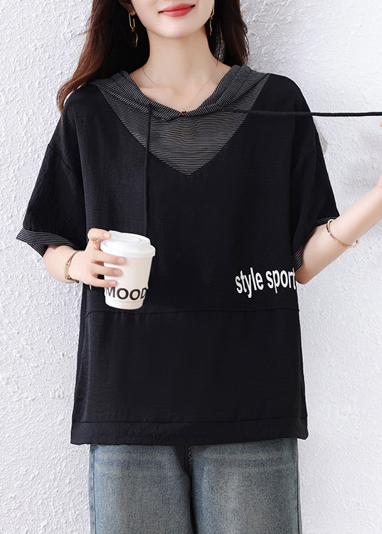 Black Hooded Patchwork Cotton Sweatshirt Summer