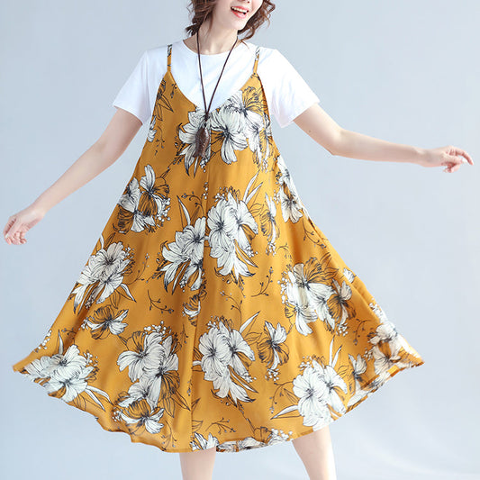 Yellow Prints Midi-length Chiffon Sleeveless Dress Traveling Dress and Cotton Tops Two Pieces