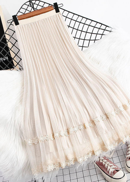 Art Beige Elastic Waist Lace Patchwork Wear on Both Sides Tulle Pleated Skirt Spring