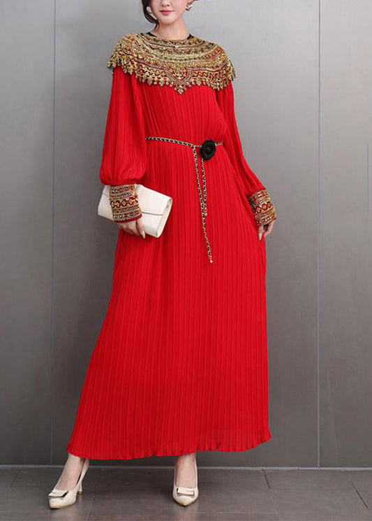 Red Patchwork Slim Party Long Dress Lantern Sleeve