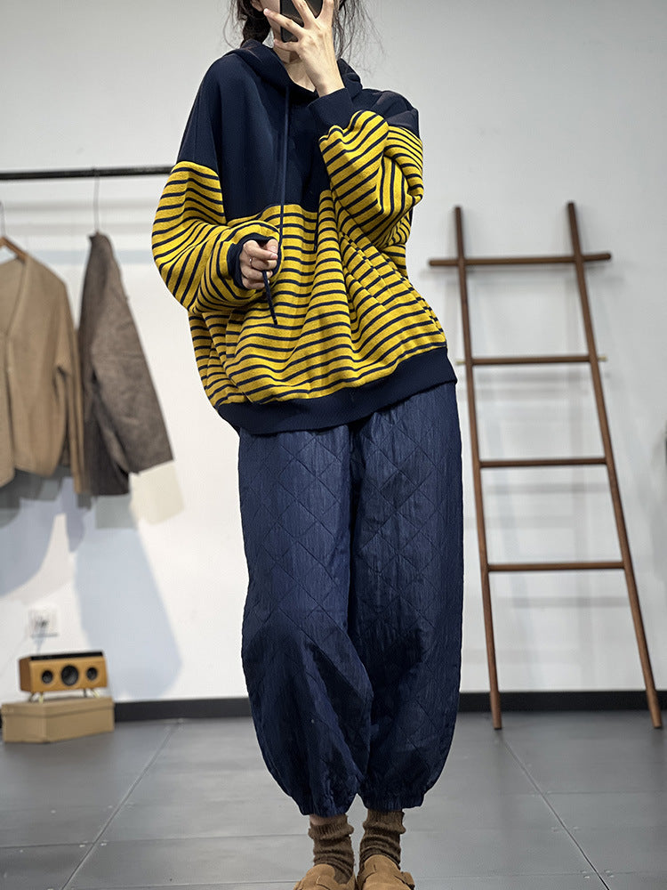 Contrast Stripe Fleece Drawstring Hooded Sweatshirt