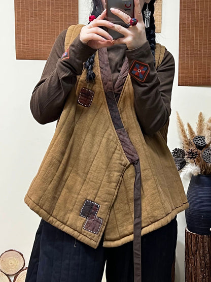 Winter Style Patch Loose Belt V-neck Vest