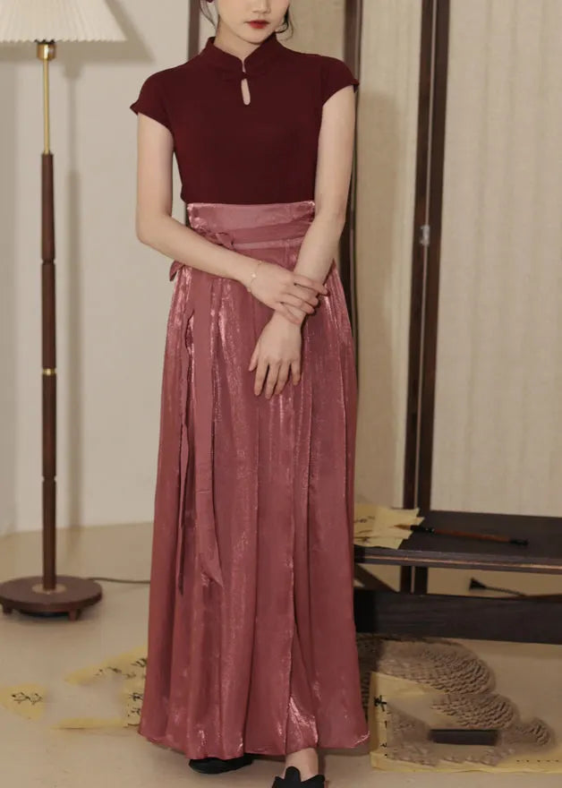 Red Stand Collar Button Top and Maxi Skirts Two Piece Set Spring