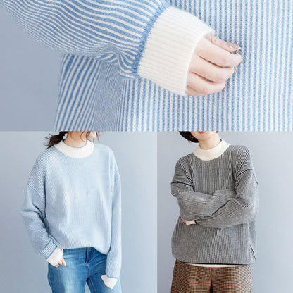 Wild Black White Striped Knit Sweat Tops Oversized Patchwork Collar Sweater Tops