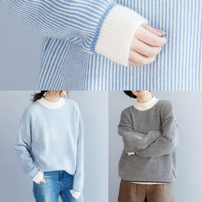 Wild Black White Striped Knit Sweat Tops Oversized Patchwork Collar Sweater Tops