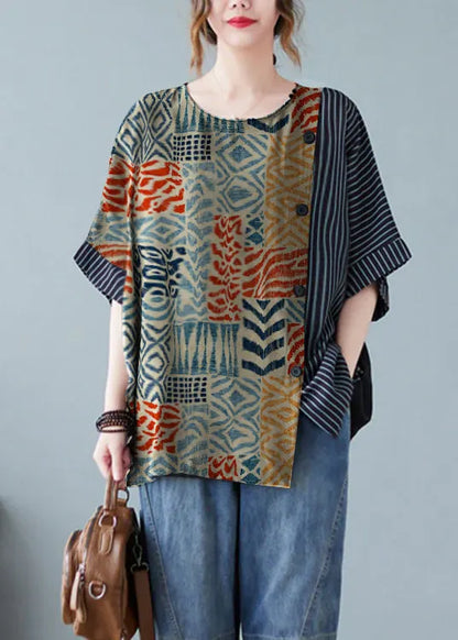 Novelty Black O-neck Striped Patchwork Button Cotton T Shirts Half Sleeve