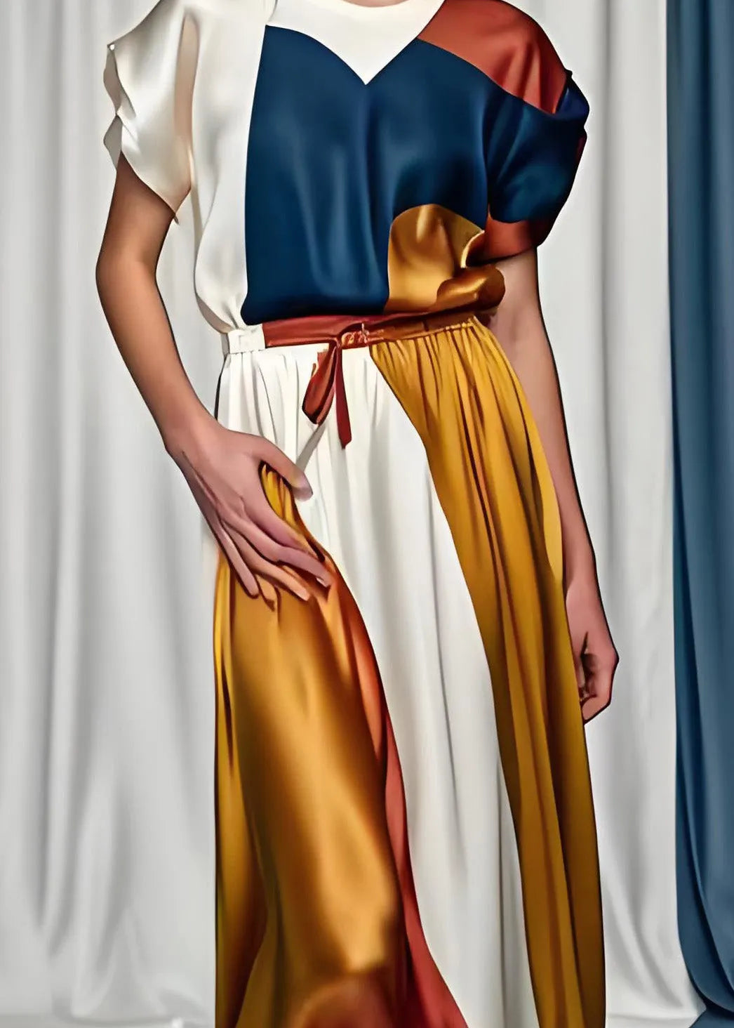 Boutique Colorblock O Neck Tops and Skirts Silk Two Pieces Set Summer