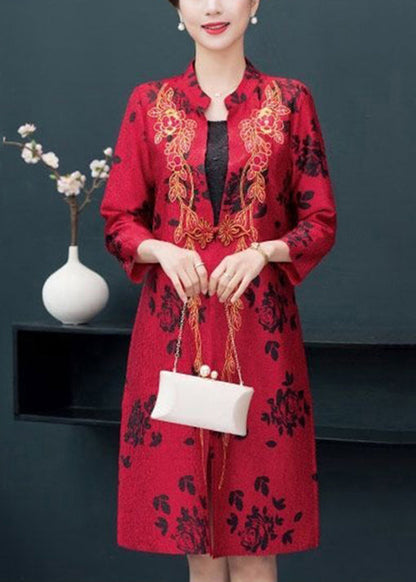 Unique Red Side Open Patchwork Thin Silk Coat Fall