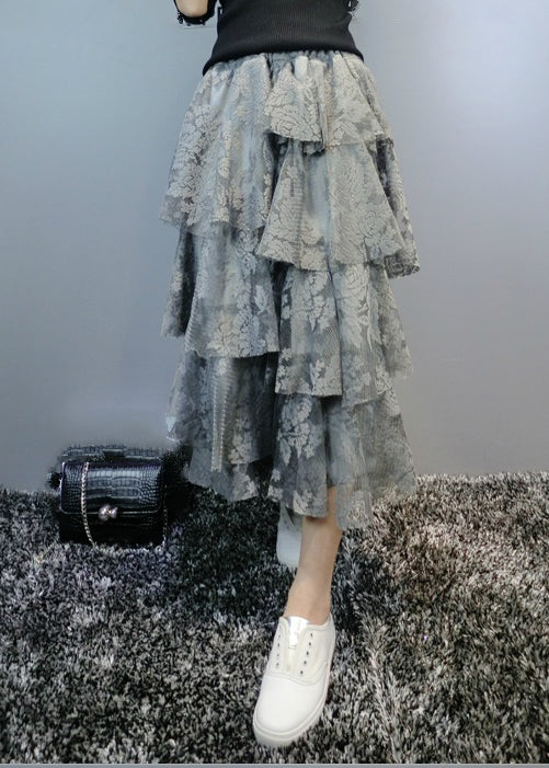 Grey Asymmetrical Lace Skirt Spring