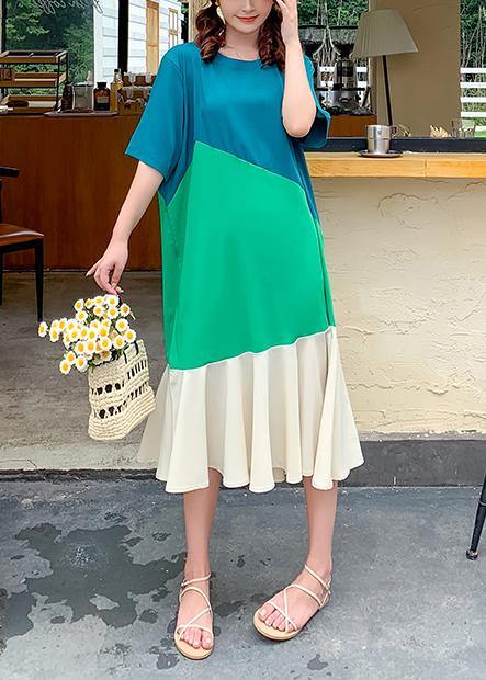 Modern O Neck Ruffles Clothes Runway Green Patchwork Art Dress