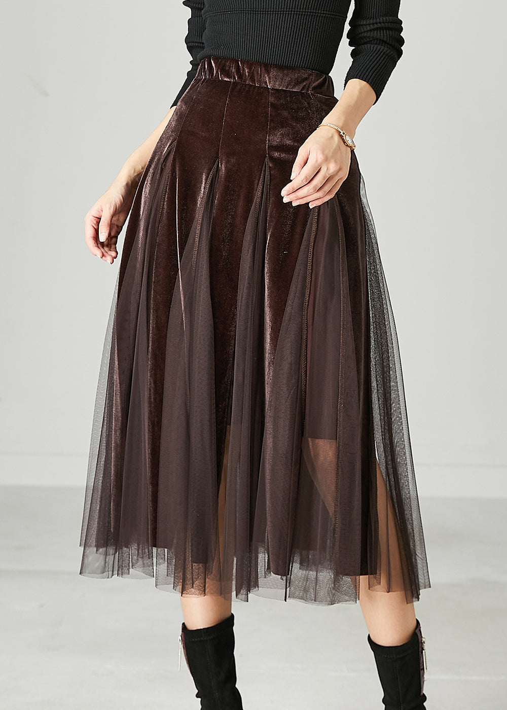 Brown Exra Large Hem Patchwork Tulle Silk Velvet Skirts Spring