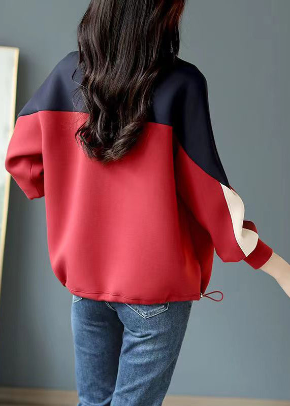 Loose Wine Red O-neck Patchwork Sweatshirt Fall