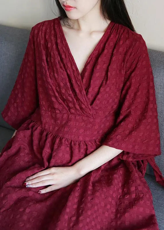 V Neck Tie Waist Linen Clothes for Runway Burgundy Dress