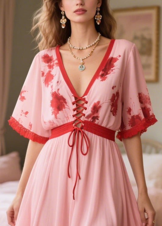 Pink Patchwork Cross Strap Chiffon Holiday Dress Summer