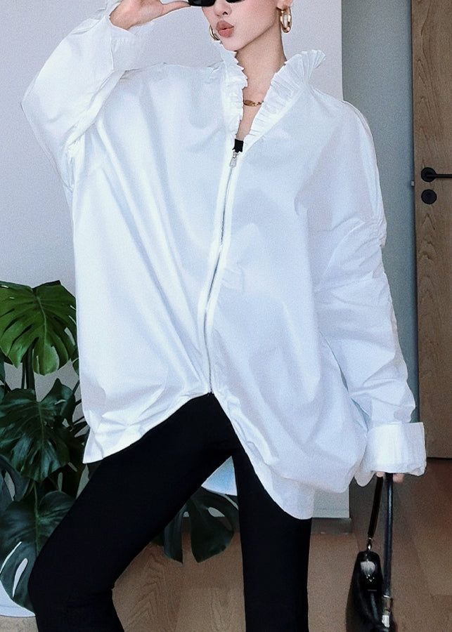 French White Stand Collar Cinched Patchwork Zippered Shirt Batwing Sleeve