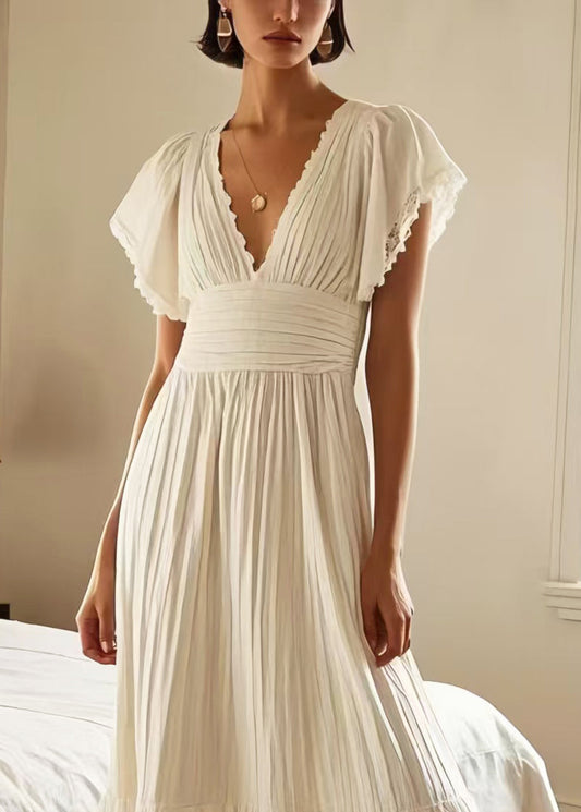 Silm Fit White Patchwork Lace Pleated Dress Summer